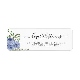 Chic Floral Dusty Blue Waterverf Roos Script Etiket
