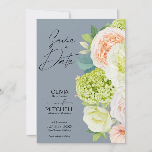Chic Floral Dusty Blue Wedding Save The Date (Voorkant)