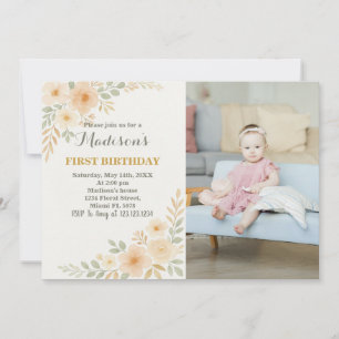 Chic Floral Eerste Verjaardag Uitnodiging