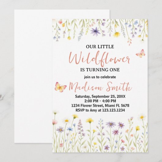 Chic Floral Eerste Verjaardag Uitnodiging (Voorkant / Achterkant)