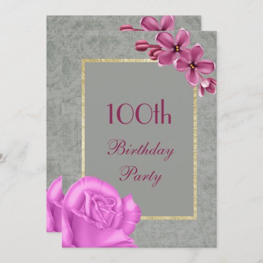 Chic Floral & Elegant Damask 100th Birthday Kaart (Voorkant / Achterkant)