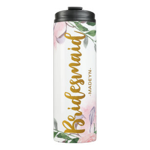 Chic Floral Faux Gold Bruidsmeisje Script en Naam Thermosbeker