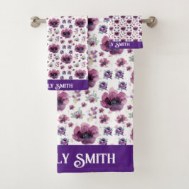 chic floral foliage purple blooming flowers bad handdoek
