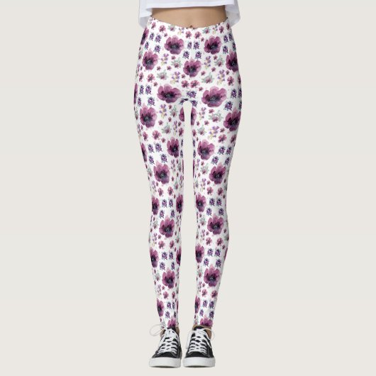 chic floral foliage purple blooming flowers leggings (Voorkant)
