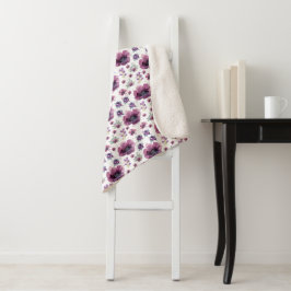 chic floral foliage purple blooming flowers sherpa deken