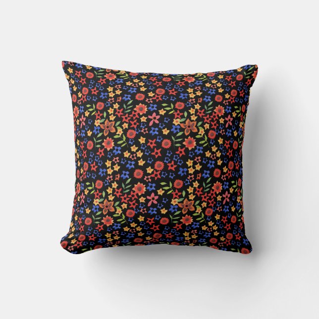 Chic Floral Folk Art Style Pattern op Black Kussen (Voorkant)