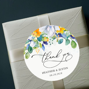 Chic floral geel blauw bruiloft monogram dank u ronde sticker