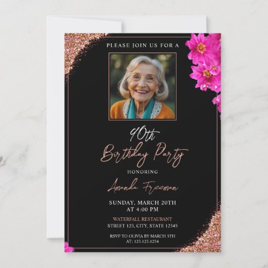 Chic Floral Glitter 90e verjaardag Kaart (Voorkant)