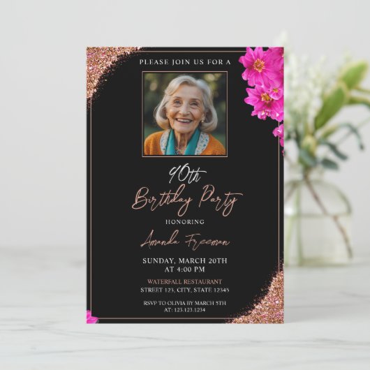 Chic Floral Glitter 90e verjaardag Kaart (Staand voorkant)