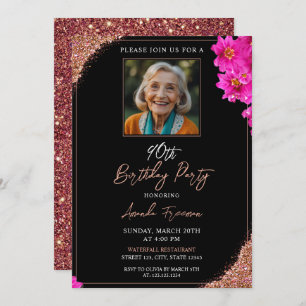 Chic Floral Glitter 90e verjaardag Kaart