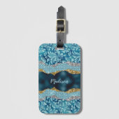 Chic floral glittery Blauwgroen Turquoise gold mon Bagagelabel (Voorkant (verticaal))
