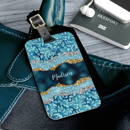 Chic floral glittery Blauwgroen Turquoise gold mon Bagagelabel
