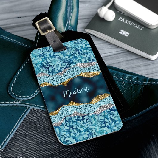 Chic floral glittery Blauwgroen Turquoise gold mon Bagagelabel