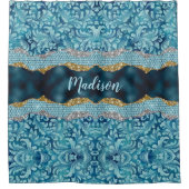Chic floral glittery Blauwgroen Turquoise gold mon Douchegordijn (Voorkant)