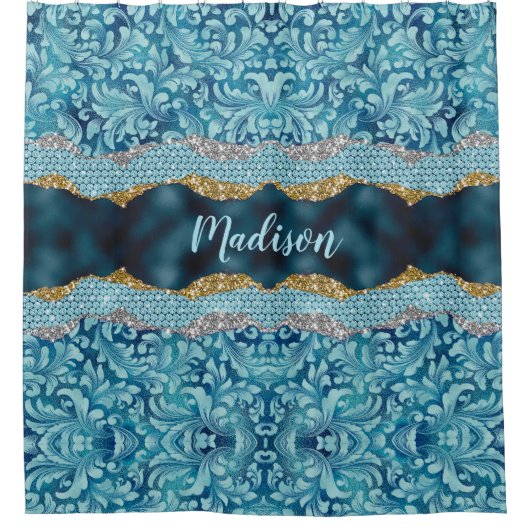 Chic floral glittery Blauwgroen Turquoise gold mon Douchegordijn (Voorkant)