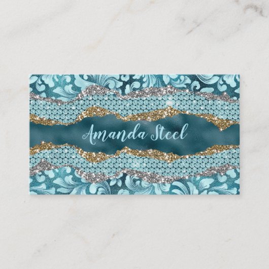 Chic floral glittery Blauwgroen Turquoise gold mon Visitekaartje (Voorkant)