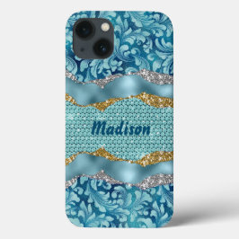 Chic floral glittery Gold Turquoise blauwgroen mon Case-Mate iPhone Case