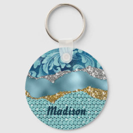 Chic floral glittery Gold Turquoise blauwgroen mon Sleutelhanger