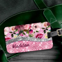 Chic floral glittery Paars roze Silver Monogram Bagagelabel