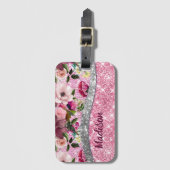 Chic floral glittery Paars roze Silver Monogram Bagagelabel (Voorkant (verticaal))