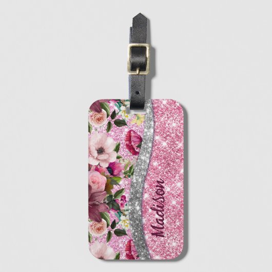 Chic floral glittery Paars roze Silver Monogram Bagagelabel (Voorkant (verticaal))