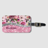 Chic floral glittery Paars roze Silver Monogram Bagagelabel (Voorkant (horizontaal))