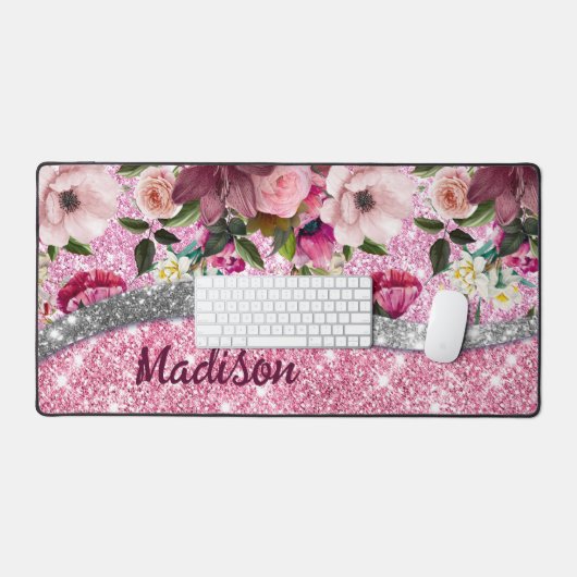 Chic floral glittery Paars roze Silver Monogram Bureaumat (Keyboard & Muis)