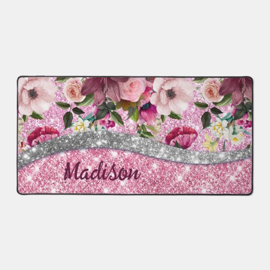 Chic floral glittery Paars roze Silver Monogram Bureaumat (Voorkant)