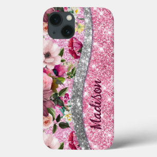 Chic floral glittery Paars roze Silver Monogram Case-Mate iPhone Case