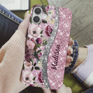 Chic floral glittery Paars roze Silver Monogram iPhone 16 Hoesje