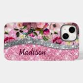 Chic floral glittery Paars roze Silver Monogram Case-Mate iPhone Case (Achterkant (horizontaal))