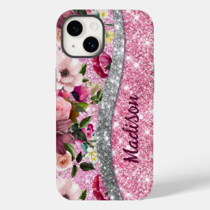 Chic floral glittery Paars roze Silver Monogram Case-Mate iPhone 14 Hoesje