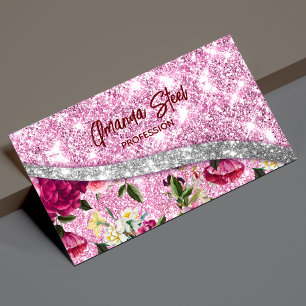 Chic floral glittery Paars roze Silver Monogram Magnetisch Visitekaartje