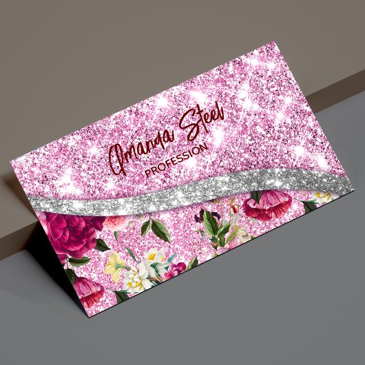 Chic floral glittery Paars roze Silver Monogram Magnetisch Visitekaartje