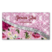 Chic floral glittery Paars roze Silver Monogram Magnetisch Visitekaartje (Voorkant)