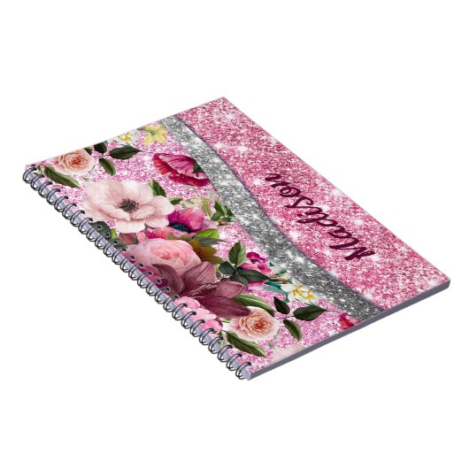 Chic floral glittery Paars roze Silver Monogram Notitieboek (Rechterzijde)