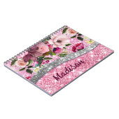 Chic floral glittery Paars roze Silver Monogram Notitieboek (Linkerzijde)