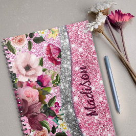 Chic floral glittery Paars roze Silver Monogram Notitieboek