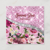 Chic floral glittery Paars roze Silver Monogram Vierkante Visitekaartje (Voorkant)