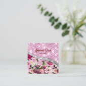 Chic floral glittery Paars roze Silver Monogram Vierkante Visitekaartje (Staand voorkant)