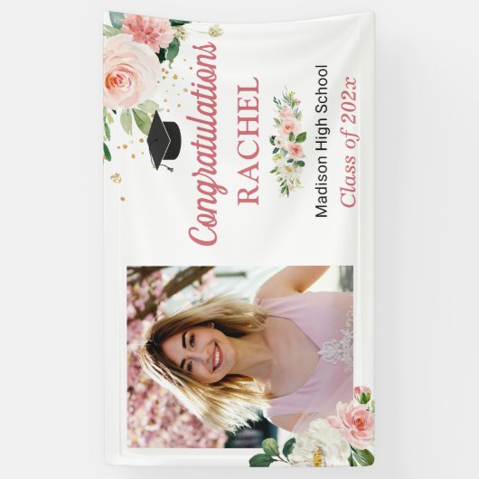 Chic Floral Gold Afstuderen Celebration Foto Spandoek (Verticaal)