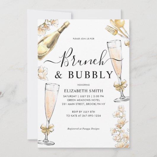 Chic Floral Gold Brunch en Bubbly Vrijgezellenfees Kaart (Voorkant)