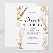 Chic Floral Gold Brunch en Bubbly Vrijgezellenfees Kaart (Voorkant / Achterkant)