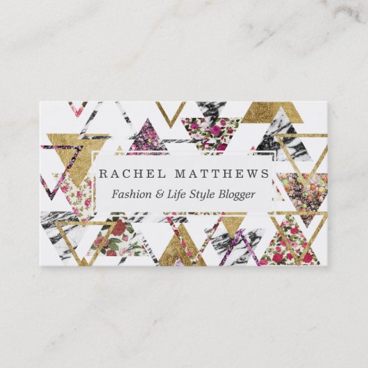 Chic Floral Gold Marble Geometric Triangles Visitekaartje (Voorkant)