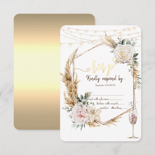 Chic Floral Goud Lijst Champagneglas RSVP Kaart (Voorkant / Achterkant)