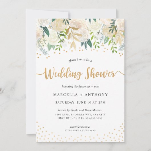 Chic Floral Gouden Paar Trouwdouche Kaart (Voorkant)