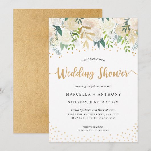 Chic Floral Gouden Paar Trouwdouche Kaart (Voorkant / Achterkant)