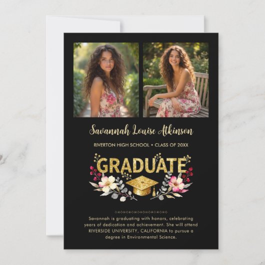 Chic Floral Graduation Photo Collage Gold Script Aankondiging (Voorkant)