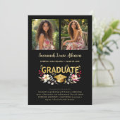 Chic Floral Graduation Photo Collage Gold Script Aankondiging (Staand voorkant)