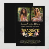 Chic Floral Graduation Photo Collage Gold Script Aankondiging (Voorkant / Achterkant)